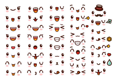 Collection of cute lovely kawaii emoticon emoji Doodle cartoon face , smile , happy , wink , excited , sleepy , chill , kiss , crazy , sweet in childlike manga cartoon style - Vector file EPS10のイラスト素材