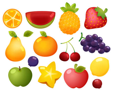 Collection Set of colorful glossy cartoon fruit icons, orange, watermelon, pineapple, strawberry, pear, orange, cherry, grape, lemon, berry, apple, starfruit, isolated on whiteのイラスト素材