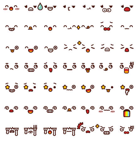 Collection of cute lovely emoticon emoji Doodle cartoon face , smile , happy , sad , shock , bored , sick , vomit , scream , joy , cry in childlike manga cartoon styleのイラスト素材