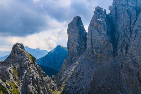 Mountain Landscape with a Peaks View Eroded in a Picturesque Shape - Mus Pass - Friulane Dolomites Natural Park - Italyの写真素材