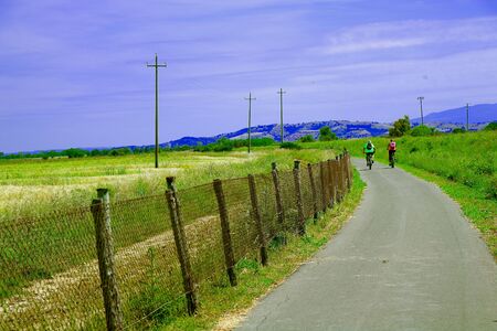 Getting out lockdown - People cycling on a bicycle path in Spring - Maremma Regional Park - Tuscany - Italyの写真素材