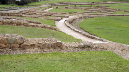 Stone terrace walls in the Incan ruins of Ingapirca, outside of Cuenca, Ecuadorの写真素材