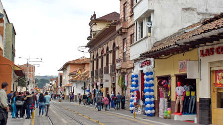 Shops along the street in the Old Town, Cuenca, Ecuadorのeditorial素材