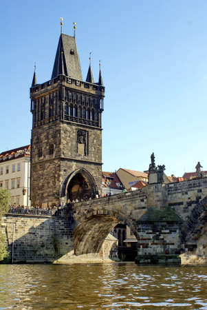 Old Town Bridge Tower on the Charles Bridge over the Vltava River, in Prague, Czech Republicの写真素材