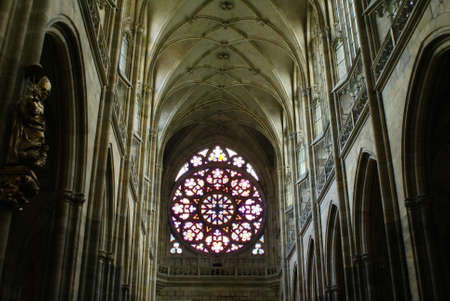 Stained glass window in St Vitus Cathedral in the Prague Castle Complex, in Prague, Czech Republic
