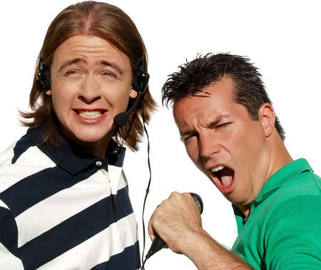  Happy karaoke signers. Isolated over white backgroundの写真素材