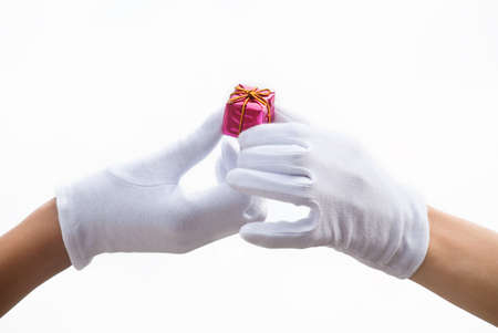 Hands and gifts isolated on white background の写真素材