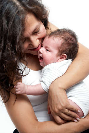 closeup portrait of happy mother with babyの写真素材