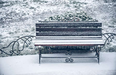 first snow of winter benchの写真素材
