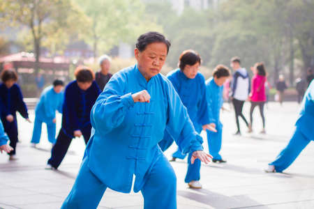2016/04/08, China, Shanghai, Tai Chi Classes on the streetのeditorial素材