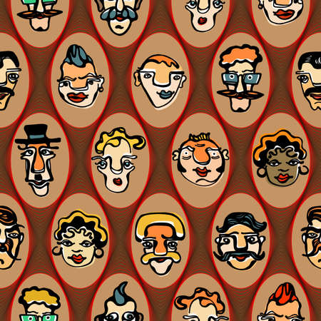 Colorful illustration of funny faces.  seamless patternのイラスト素材