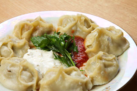 Manta on a plate with two kinds of sauce.の写真素材