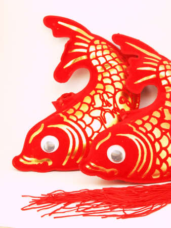 two red and golden chinese fish on the white backgroundの写真素材