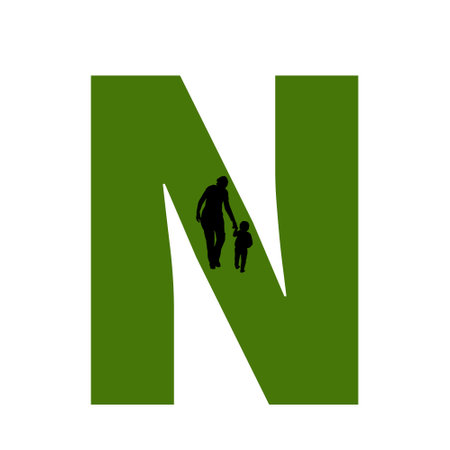 letter N of the alphabet made with silhouette of a mother and child walking, in green and blackの写真素材