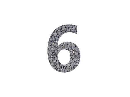 number 6 of the alphabet made with gray gravel isolated on a white background