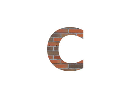 letter C of the alphabet made with wall of bricks, in brown, orange, red gray and isolated on a white backgroundの写真素材