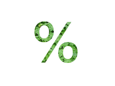 Percent of the alphabet made with green leaf of geranium plant, isolated on a white background