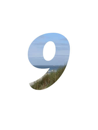 Number 9 of the alphabet made with a landscape with beach, sea, blue sky and dunes, isolated on a white backgroundの写真素材