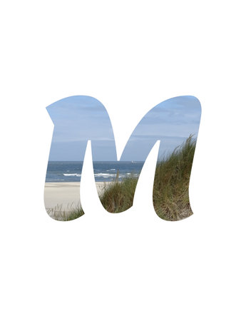 Letter M of the alphabet made with a landscape with beach, sea, blue sky and dunes, isolated on a white backgroundの写真素材