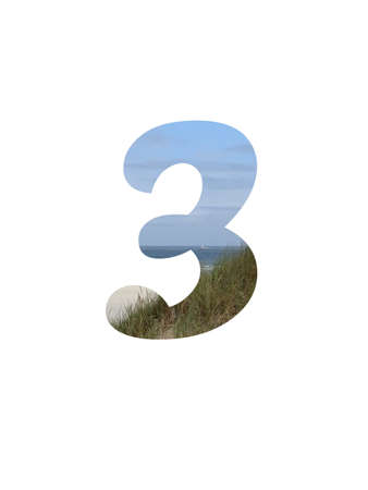 Number 3 of the alphabet made with a landscape with beach, sea, blue sky and dunes, isolated on a white backgroundの写真素材