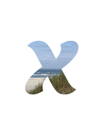 Letter X of the alphabet made with a landscape with beach, sea, blue sky and dunes, isolated on a white backgroundの写真素材