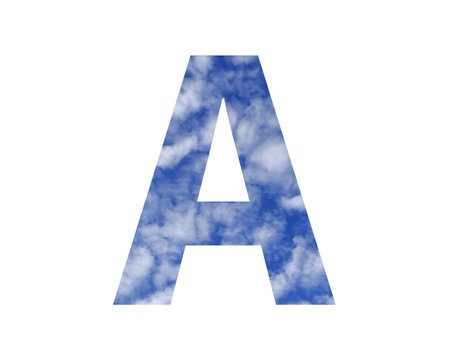 Letter A of the alphabet made with a blue sky and white clouds, isolated on a white backgroundの写真素材