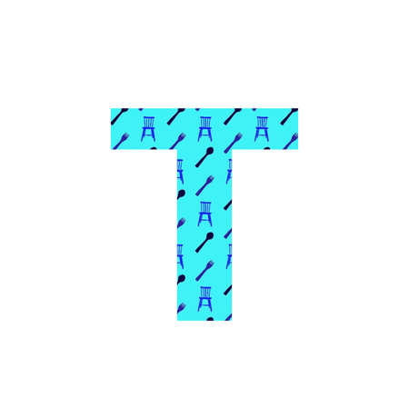 Letter T of the alphabet made with a pattern of spoons, forks and kitchen chairs, with a blue background, isolated on a white backgroundの写真素材