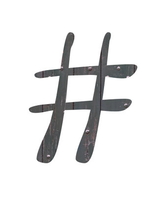 # hash tag of the alphabet made with old green wood, isolated on a white background