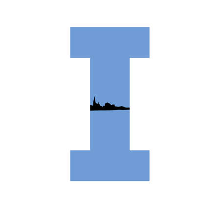 letter I of the alphabet made with a blue background and a silhouette of a village, isolated on a white backgroundの写真素材
