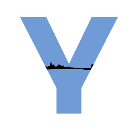 letter Y of the alphabet made with a blue background and a silhouette of a village, isolated on a white backgroundの写真素材