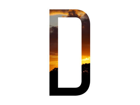 letter D of the alphabet made with a setting sun, with the colors black, yellow, orange, dark blue and pink. isolated on a white backgroundの写真素材