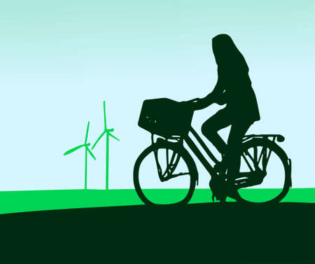 silhouette of a woman on a bicycle with windmills in the landscape, with color greenのイラスト素材