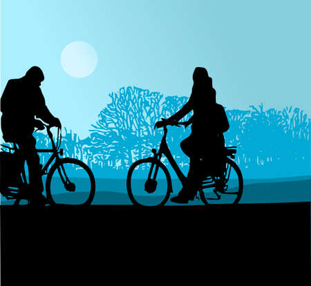 silhouette of two cyclists in opposite directions through a moonlit landscape with blue colorsのイラスト素材
