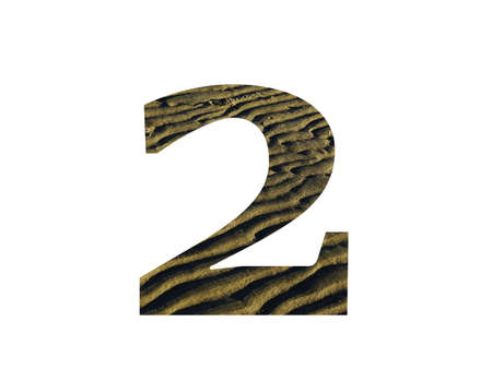 number 2 of the alphabet made with ridges from the beach, color yellow and brown, isolated on white...