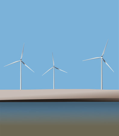 vector with three windmills on a dike, with water in front of it and a blue sky in the background, the Netherlands. With the colors white, brown, gray, blue, black, yellow.のイラスト素材