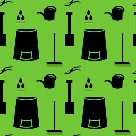 seamless pattern on a green background. The pattern consists of black icons of garden tools: compost bin, broom, secateurs, watering can, raindrops and a shovelのイラスト素材