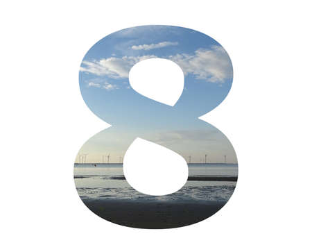 number 8 of the alphabet made with water, beach, sky and a row of windmills, with colors blue,...