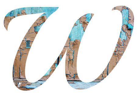 letter W of the alphabet made from old planks with blue and brown paint on them, isolated on a white...