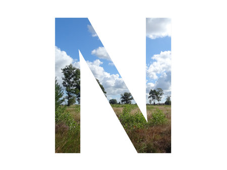 Letter N of the alphabet made with landscape with cloud, blue sky, trees, sun, grass and moorland. with colors blue, white, green, pink and yellowの写真素材