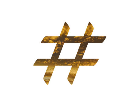 hashtag of the alphabet made with a yellow pattern of yellow clouds on which the sun shines. with colors light blue, yellow and goldの写真素材