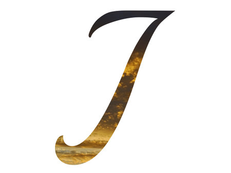 Letter J of the alphabet made with a yellow pattern of yellow clouds on which the sun shines. with colors light blue, yellow and goldの写真素材