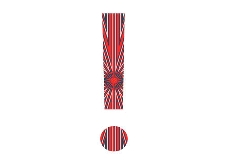 Exclamation mark of alphabet made with a star with red, pink, blue and white rays, isolated on a...