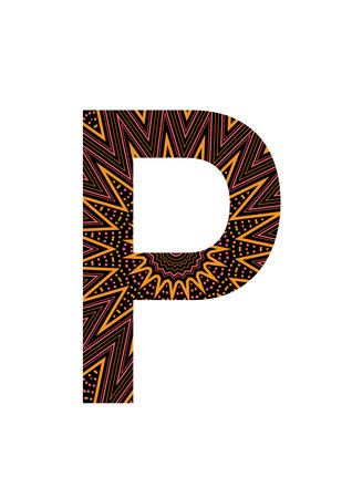 Letter P of the alphabet made with a yellow star pattern, with retro colors yellow, black and pink, isolated on a white backgroundの写真素材