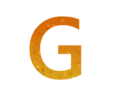 Letter G of the alphabet made with a color gradient from yellow to orange and a pattern of hexagons mosaic, isolated on a white backgroundの写真素材