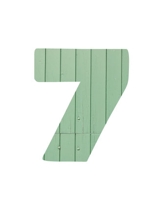 Number 7 of the alphabet made with light green wooden boards, isolated on a white background