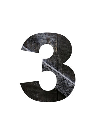 number 3 of the alphabet made with made with old brown wooden planks, isolated with a white...