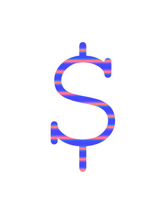 Dollar sign of the alphabet made with blue and pink stripes, isolated on a white backgroundの写真素材