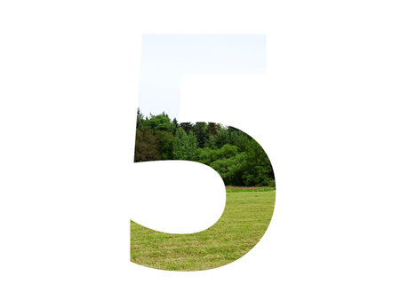 number 5 of the alphabet made with landscape with grass, forest and a blue sky, isolated on a white backgroundの写真素材