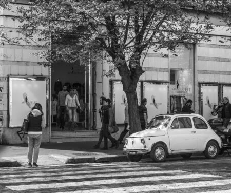 Old Fiat under a Jacaranda tree in Romeのeditorial素材