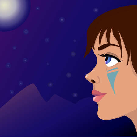Beautiful vector illustration. Girl, moon and mountainsのイラスト素材